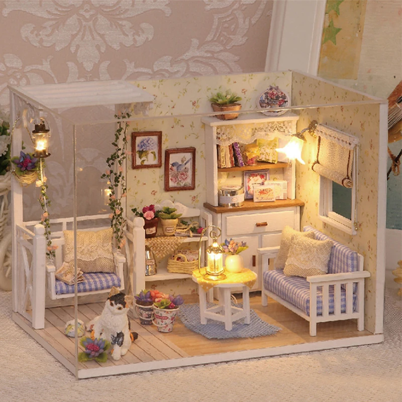 DIY Kitten Mini DollHouses Assembly Model Building Kit Creative Room Bedroom Decoration With Furniture Wooden Crafts Toys Gifts