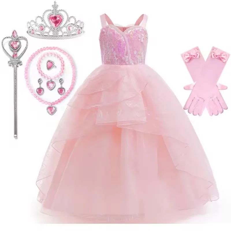 Movie Girl Wicked Glinda Cosplay Costume Pink Wedding Princess Evening Dress Costume Halloween Role Play Outfit