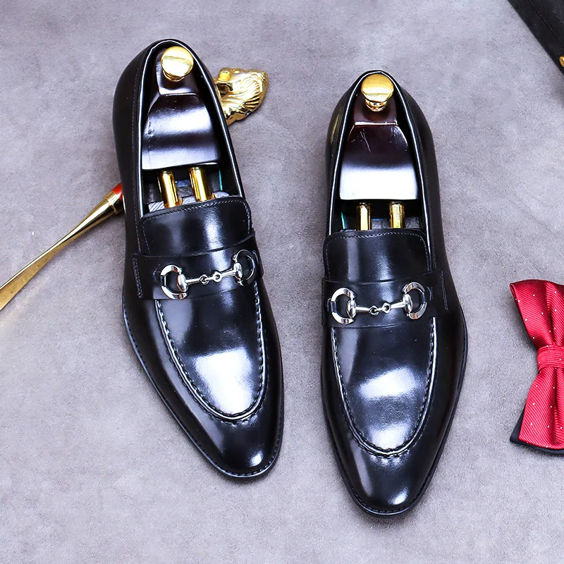 Plus Size 38-46 Black Mens Loafers Casual Business Shoes With Metal Decorated Genuine Leather Wedding Dress Shoes