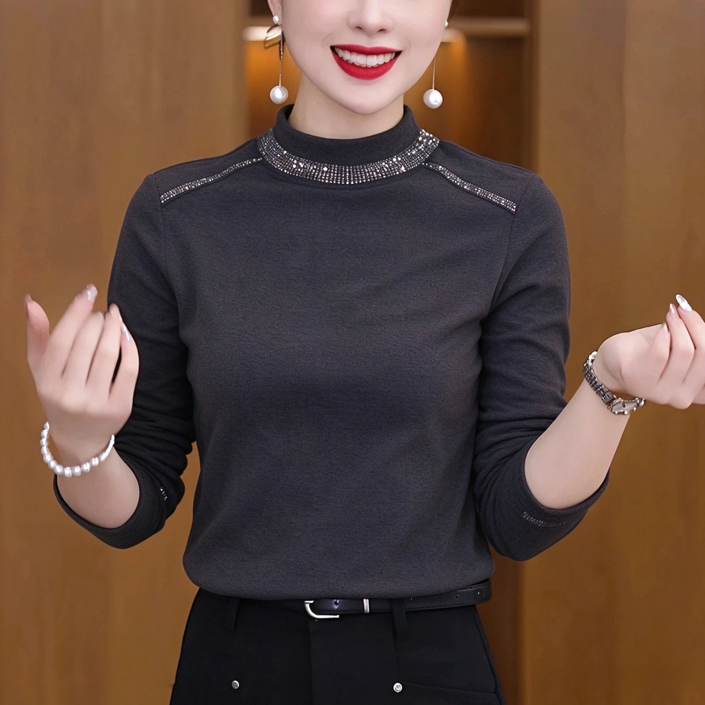 Double-Sided Velvet Long Sleeve Base Shirt Women's plus Size Autumn Winter Fashionable Inner Wear Diamond Heat Transfer Top