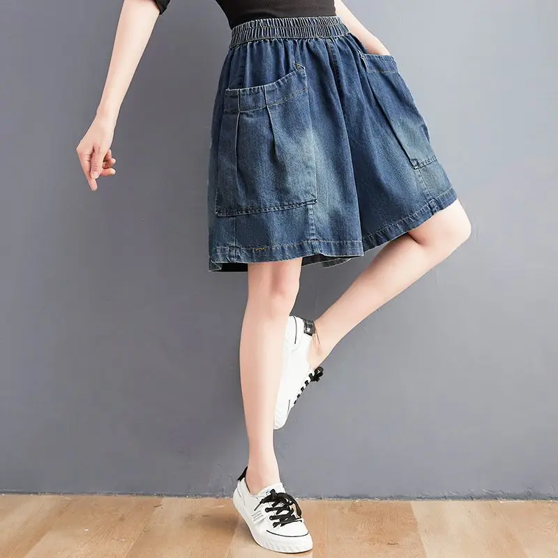 High Waist Denim orts Women's Summer Loose Wide Leg Pants Slimming Effect Deep Blue E9035