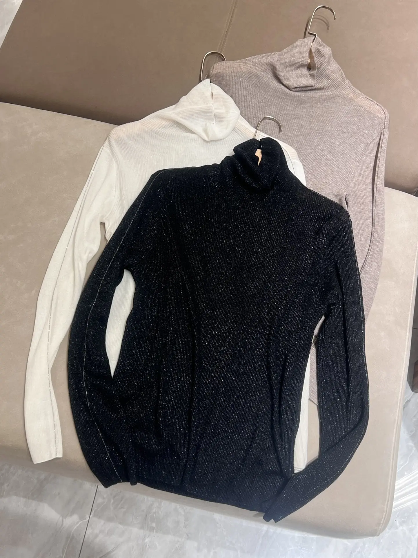 Autumn B*C Women\'s Ultra-thin High-Necked Wool Bottoming Shirt Long-sleeved Knitted Sweater Sparkling Pullover