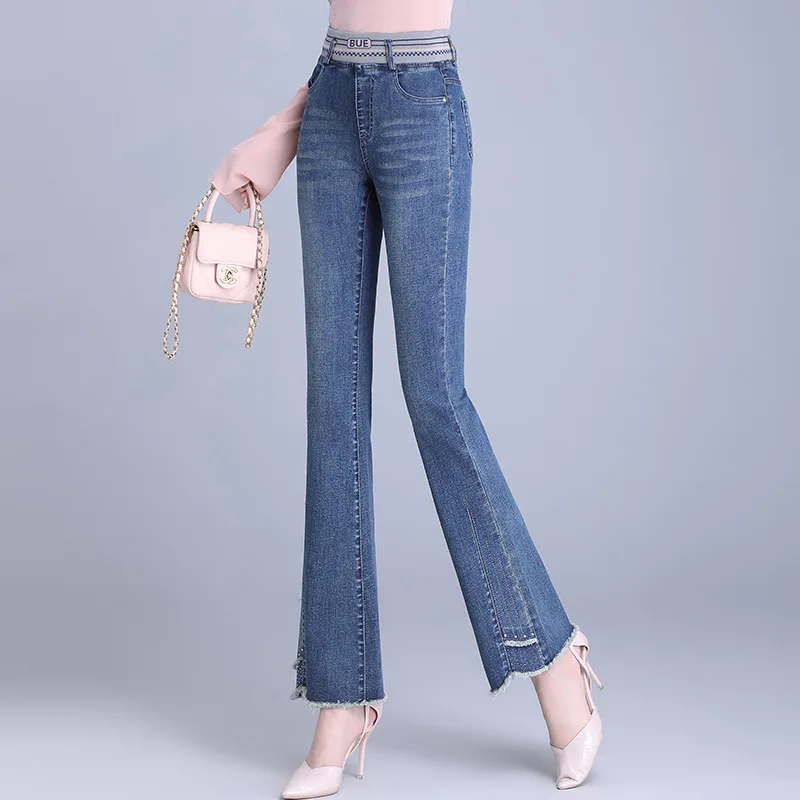 Elasticated waist jeans women's spring and summer micro cropped pants thin spring and autumn small nine-minute flared pants