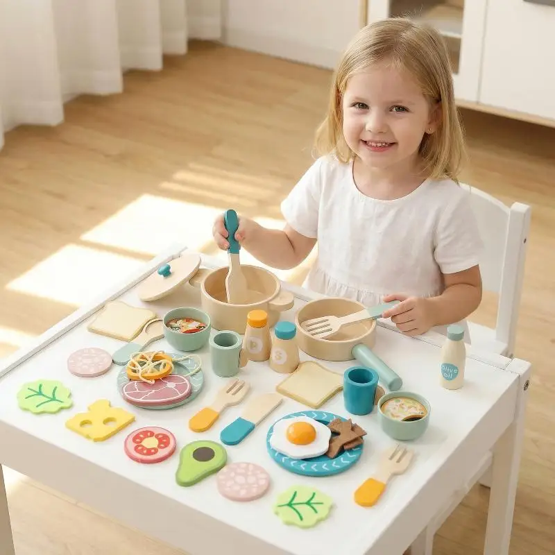 Wooden Kids Educational Kitchen Toys Role Play Cooking Playset for Toddlers Pretend Chef Gift Set
