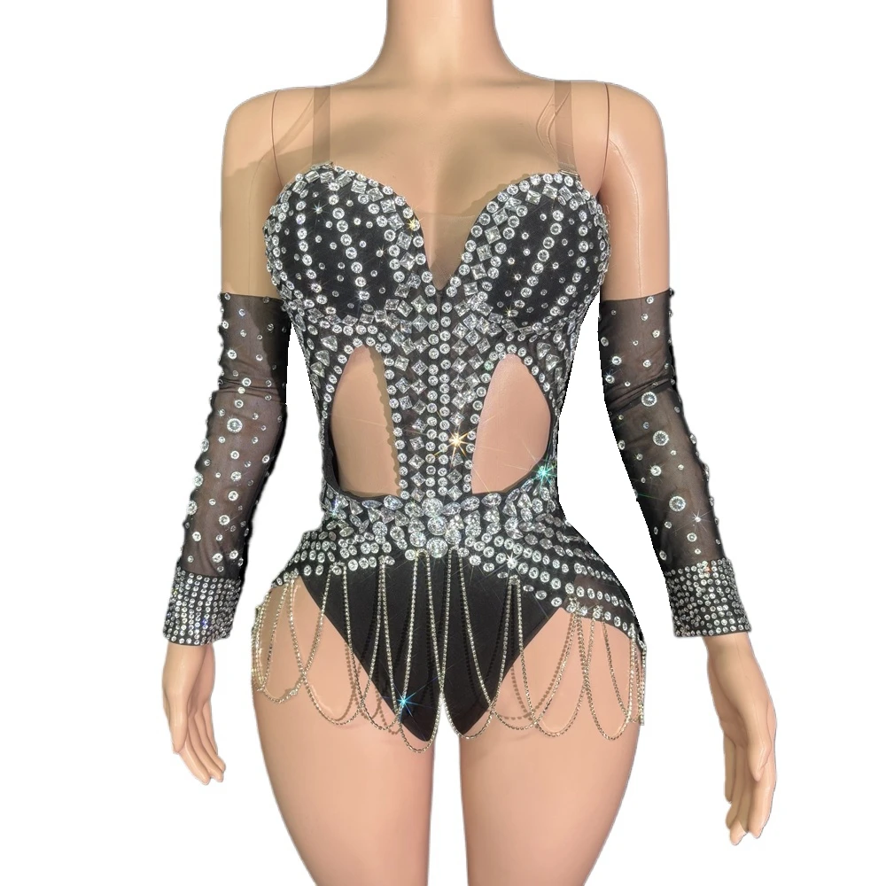 

Блестящие стразы, перья, длинный хвост, боди, перчатки, женские сексуальные прозрачные танцевальные костюмы для празднования выступлений, сценическая одежда