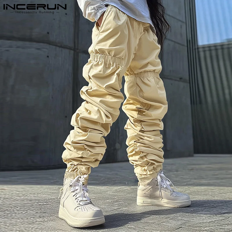 INCERUN เสื้อกันหนาว 2025 สไตล์อเมริกันกางเกงสไตล์ผู้ชาย Deconstruct จีบ Contrast สีกางเกง Casual Streetwear ชาย Pantalons