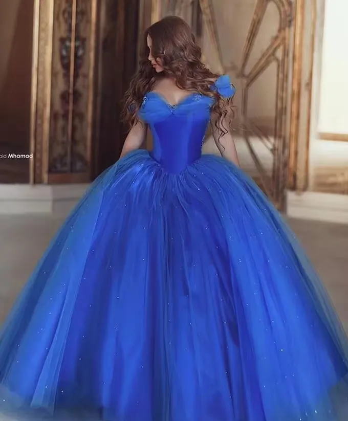 Cenicienta azul real vestidos de quinceañera vestido de baile fuera del hombro tul hinchado con cuentas fiesta dulce 16 vestido