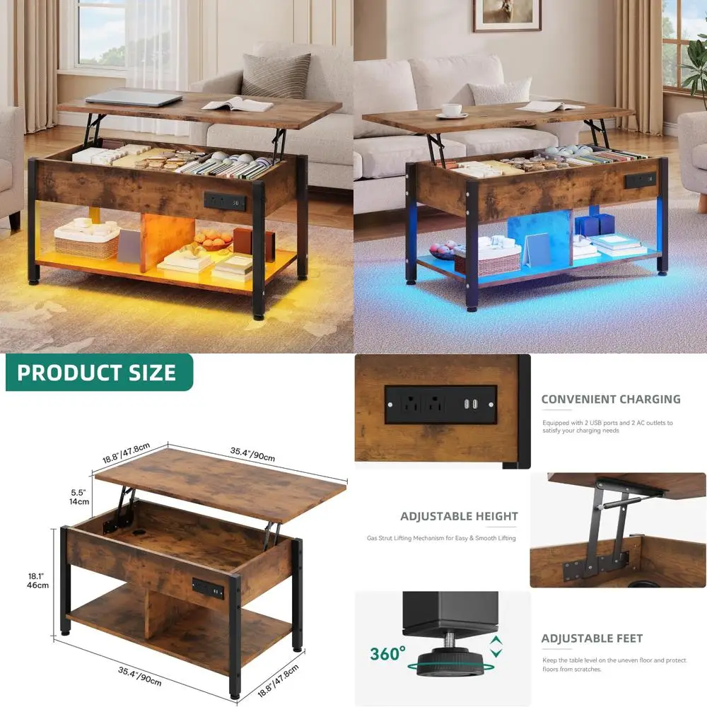

3-in-1 Coffee Table with RGB Lighting, Power Outlets, Storage, and Adjustable Height