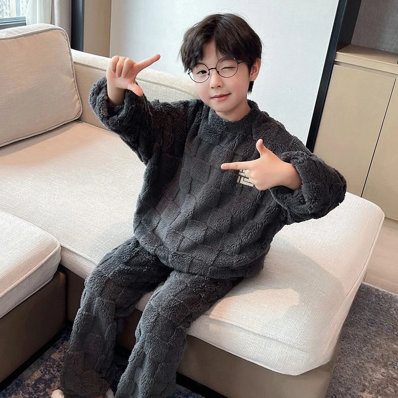 

Термальные пижамы из кораллового флиса для мальчиков, комплект из 2 предметов, теплая одежда для сна для больших детей, утепленная домашняя одежда, новый детский дизайн