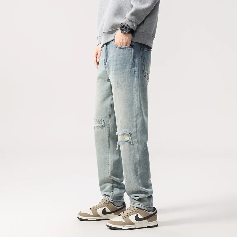 2025 outono masculino americano streetwear jeans-lavado azul solto perna reta angustiado calças jeans com rodinhas todas as estações