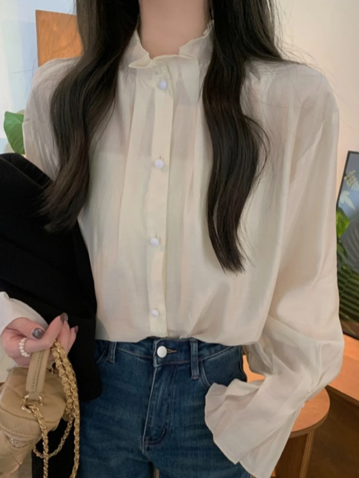 

Женская осенняя шерстяная блузка Faion ort с воротником-стойкой, внутренняя одежда, черное пальто Hepburn Sle Ele, внутренний топ