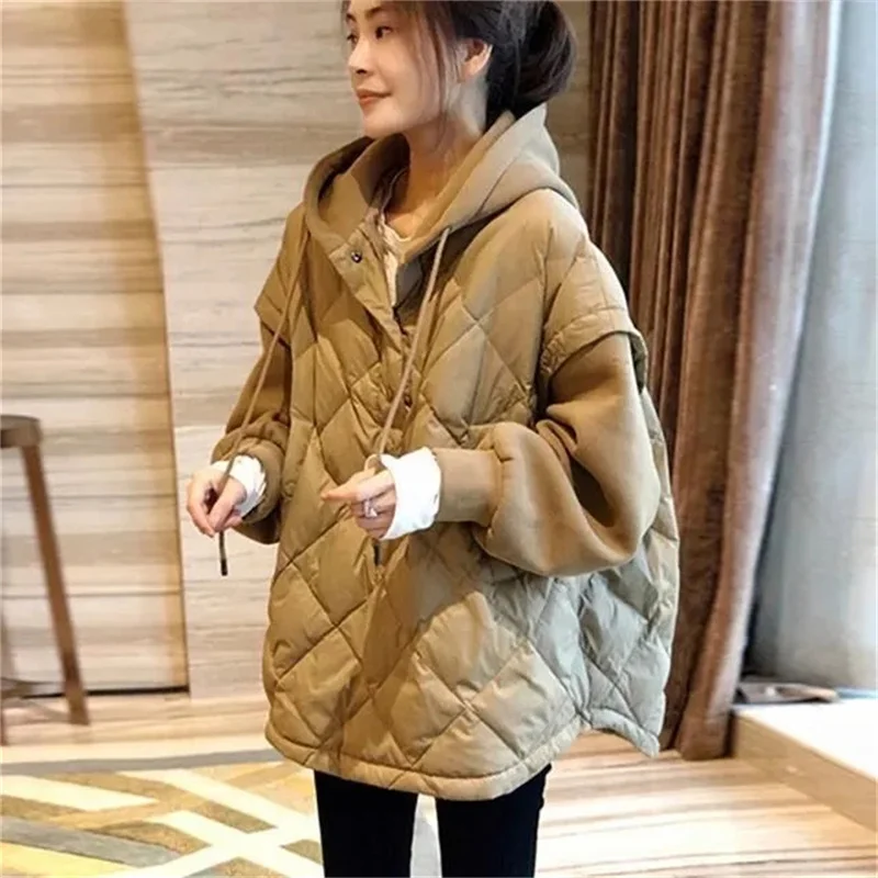 Autumn Winter Fake Two Piece Diamond Checker Panel Hooded Outwear Patchwork Down Cotton Coat Women Sweatershirt Female Hoodid