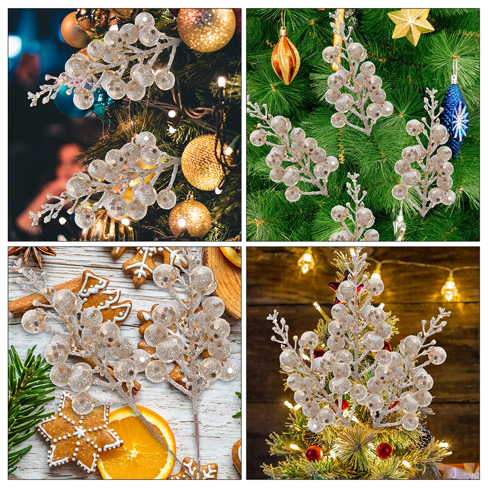 

12pcs Glitter Fake Berries Stems Christmas Picks Decorative Branches For Tree Wedding Holiday Crafts Diy Glitter