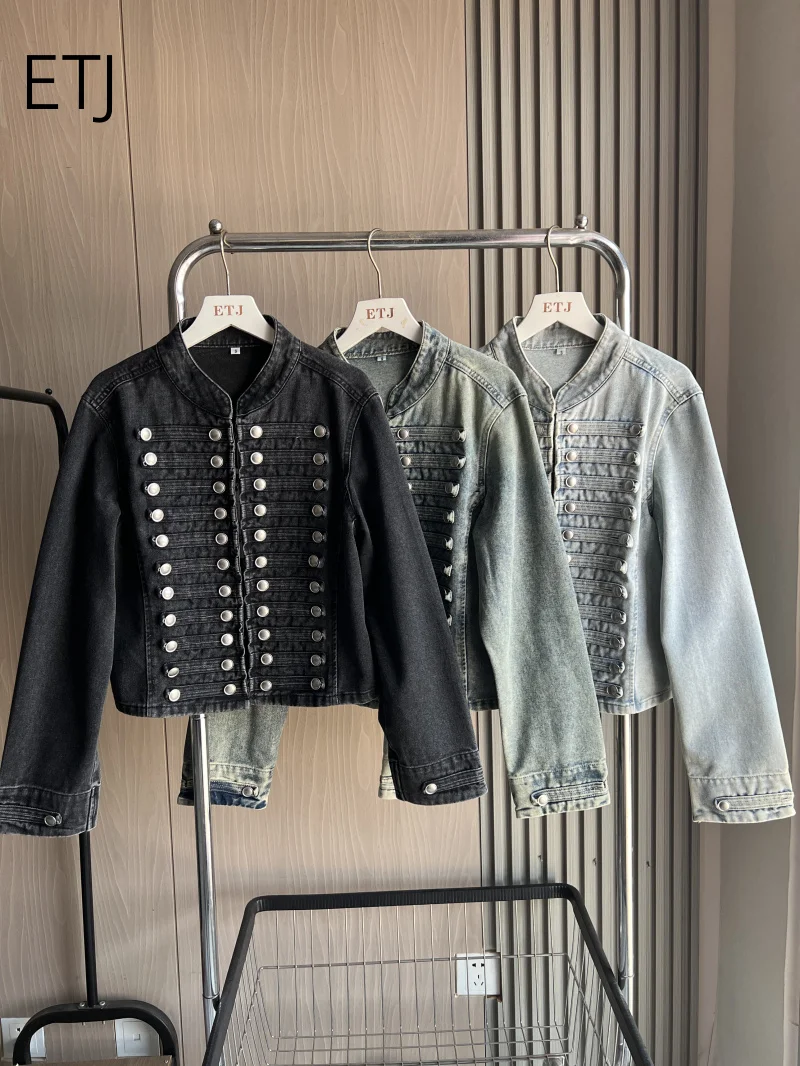ETJ 2026 Damen Napoleon-Stil Jeansjacke Vintage Militär Doppelreihiger Mantel Silberne Knöpfe Slim Fit Herbst Oberbekleidung – Detail 12