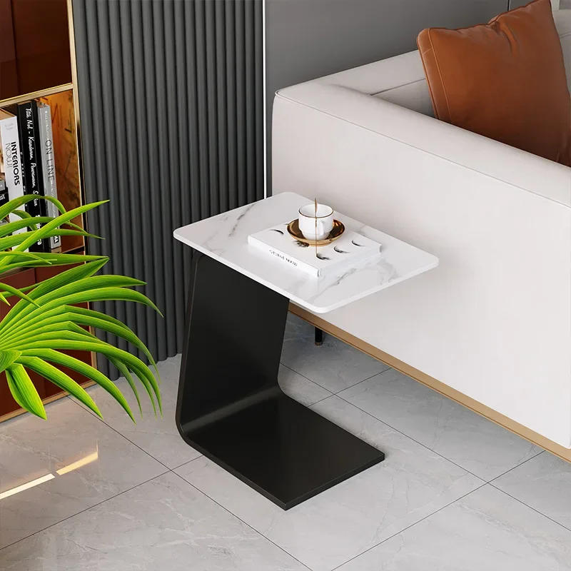 Modern light luxury small apartment rock slab sofa edge C-type coffee table square movable bedside corner creative round table