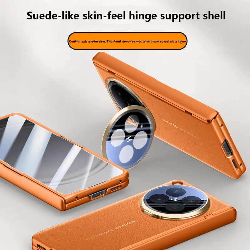 

Skin Feel PU Leather Phone Case For OPPO Find N6 FindN6 5G Alloy Lens Holder Protective Cover With Tempered Film