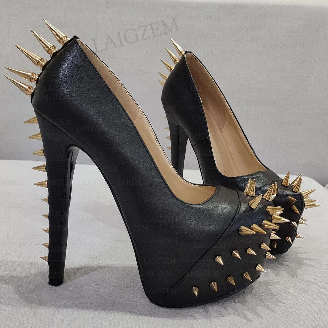 LAIGZEM Women Pumps Rivets Platform Faux Leather Heels Prom Sandals Cosplay Spikes Handmade Shoes Woman Plus Big Size 41 44 46