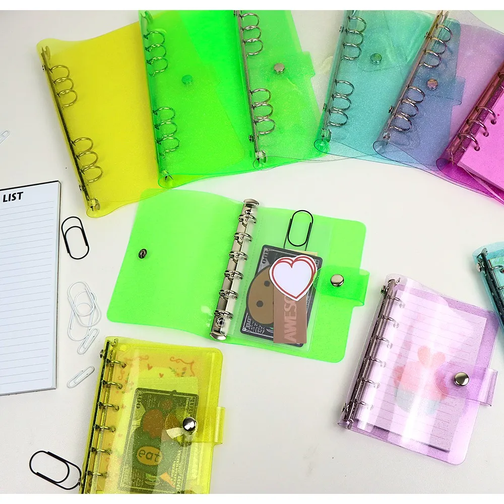 A5 A6 A7 Mini Clear Glitter Binder Cover Loose-Leaf Notebook Cover Protector Snap Closure PVC 6 Hole Binder Filling File Folders