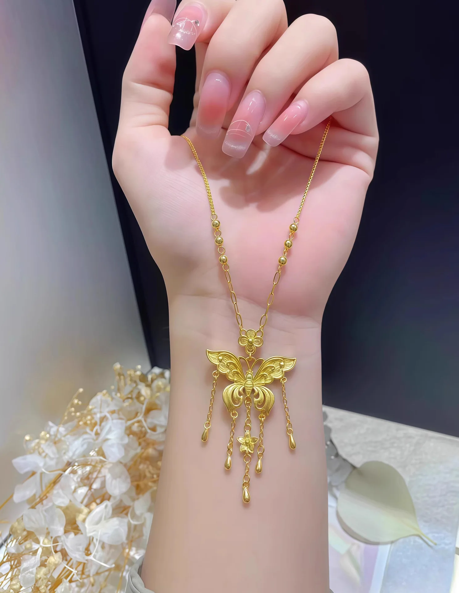Pure Kt18 Gold Color Floral Butterfly Tassel Pendant Necklace for Women Bride Female Fine Christmas Gift Real Gold Jewelry