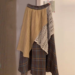 Women Vintage Plaid Hook Flower Hollow Patchwork Mori Style Skirts Female High Waist Y2K Harajuku Chic Loose Midi Skirt Faldas