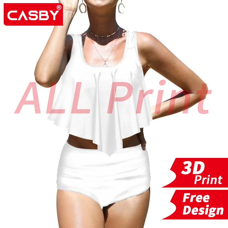 Women Ruffles Bukini Push Up Swimwear High Waist Bikini Set Monokini 3D Print Custom Logo All Print Design DIY Free Design