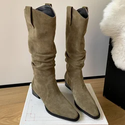 Damska skóra naturalna zamszowa mały kwadratowy nosek wsuwane jesienne plisowane buty do kolan casual kobiece punk western buty buty hot