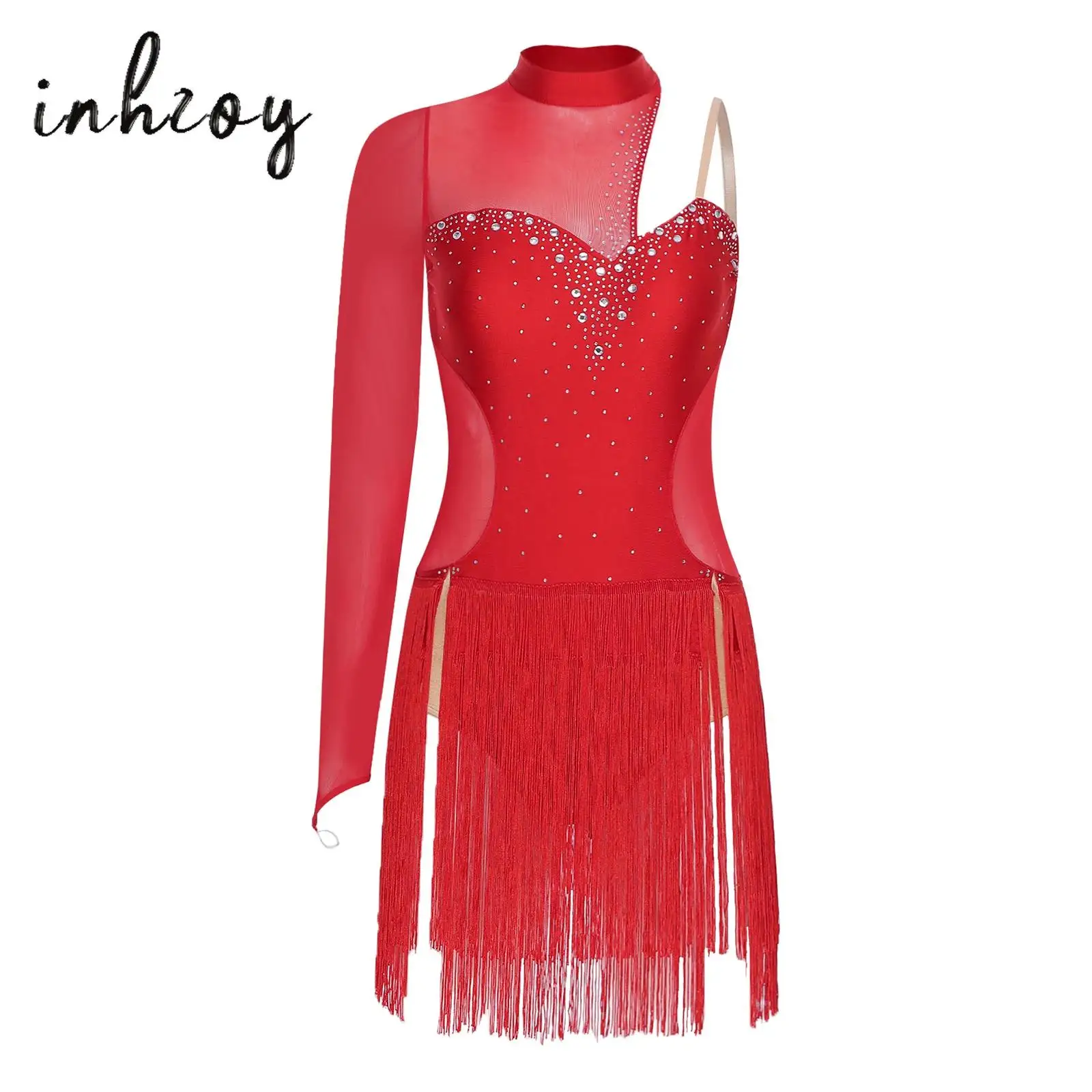 

Womens Latin Tango Dance Leotard Dress Sheer Mesh Cutout Back Sparkling Rhinestone Asymmetrical Fringed Dress Lyrical Dancewear
