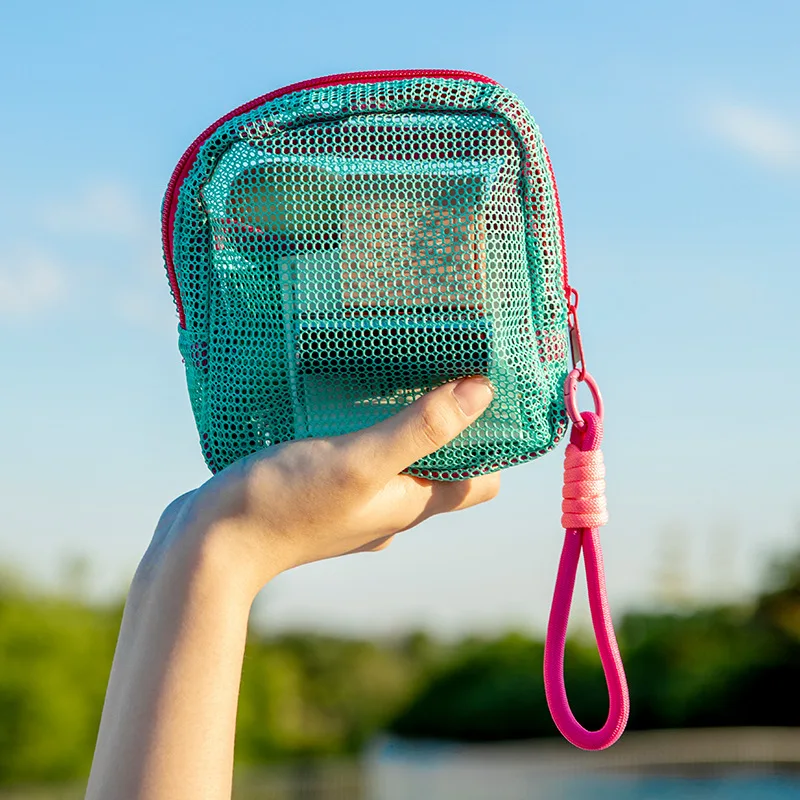 Mini Cute See Through Mesh Makeup Bag Zipper Pouch with Carabiner Lanyard Travel Toiletry Organizer for Cosmetic Accessories