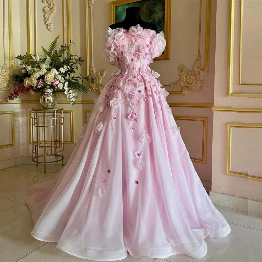 

Saudi Arabia Formal Gown Prom Dearin Strapless A-line Floor Length Skirts Draped 3D Flower Applique Bespoke Occasion Dresses Eve