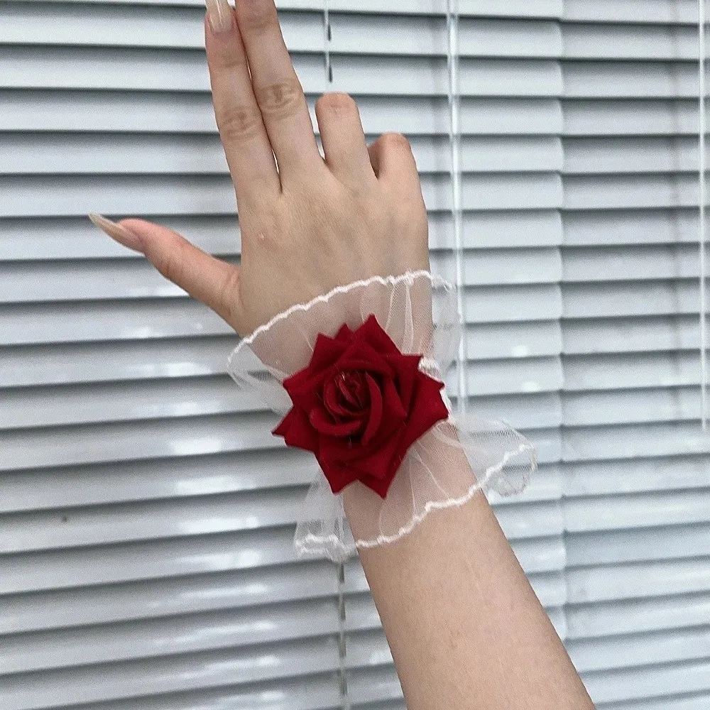 New Red Rose Lace Wristbands Ruffled Elastic Band Gothic Cosplay Bracelets Lolita Black Hand Sleeve Gloves For Women