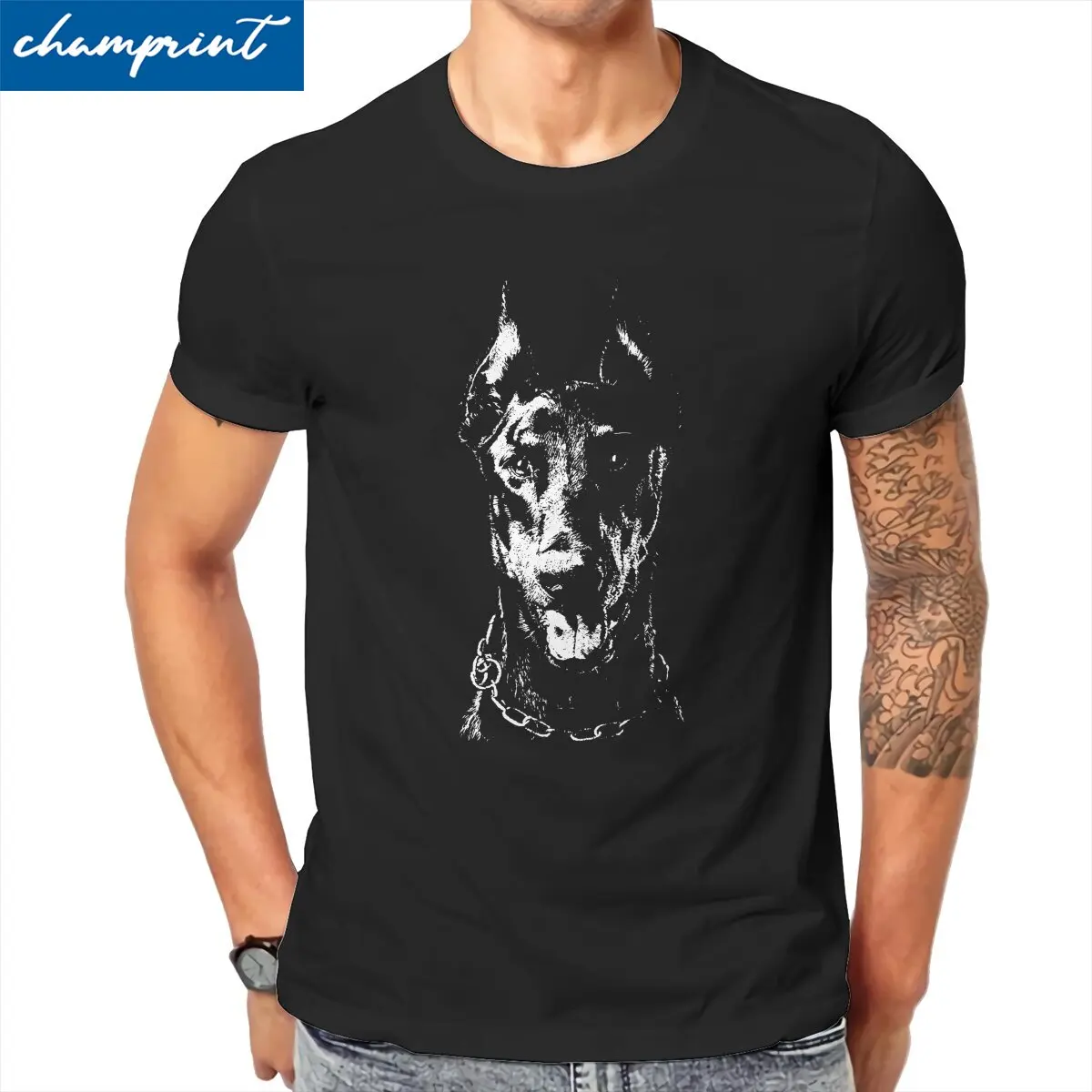 Men T-Shirt Doberman Novelty Cotton Tee Shirt Short Sleeve Silhouette,Canine Portrait T Shirts Crewneck Clothes Graphic Printed