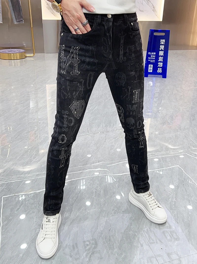 

Men's Slim Fit Jeans Printed Elastic Trendy Bla High Waist Long Pants Autumn New Arrival Faion Personalized Diamond Heat ...