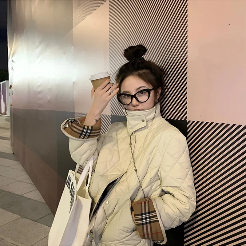 Winter Thick Cotton Padded Coats Women Street Single-breasted Patchwork Plaid Female 2024 New Korean Parkas Female Jackets