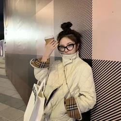 Winter Thick Cotton Padded Coats Women Street Single-breasted Patchwork Plaid Female 2024 New Korean Parkas Female Jackets