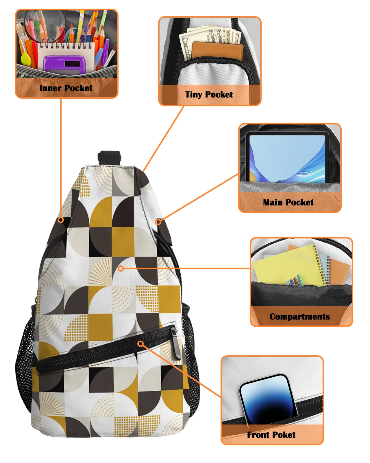 Bolsos de pecho de otoño geométricos medievales Retro Para mujeres y hombres, bolsos de mensajero impermeables, bolso cruzado de un hombro para deportes de viaje femenino