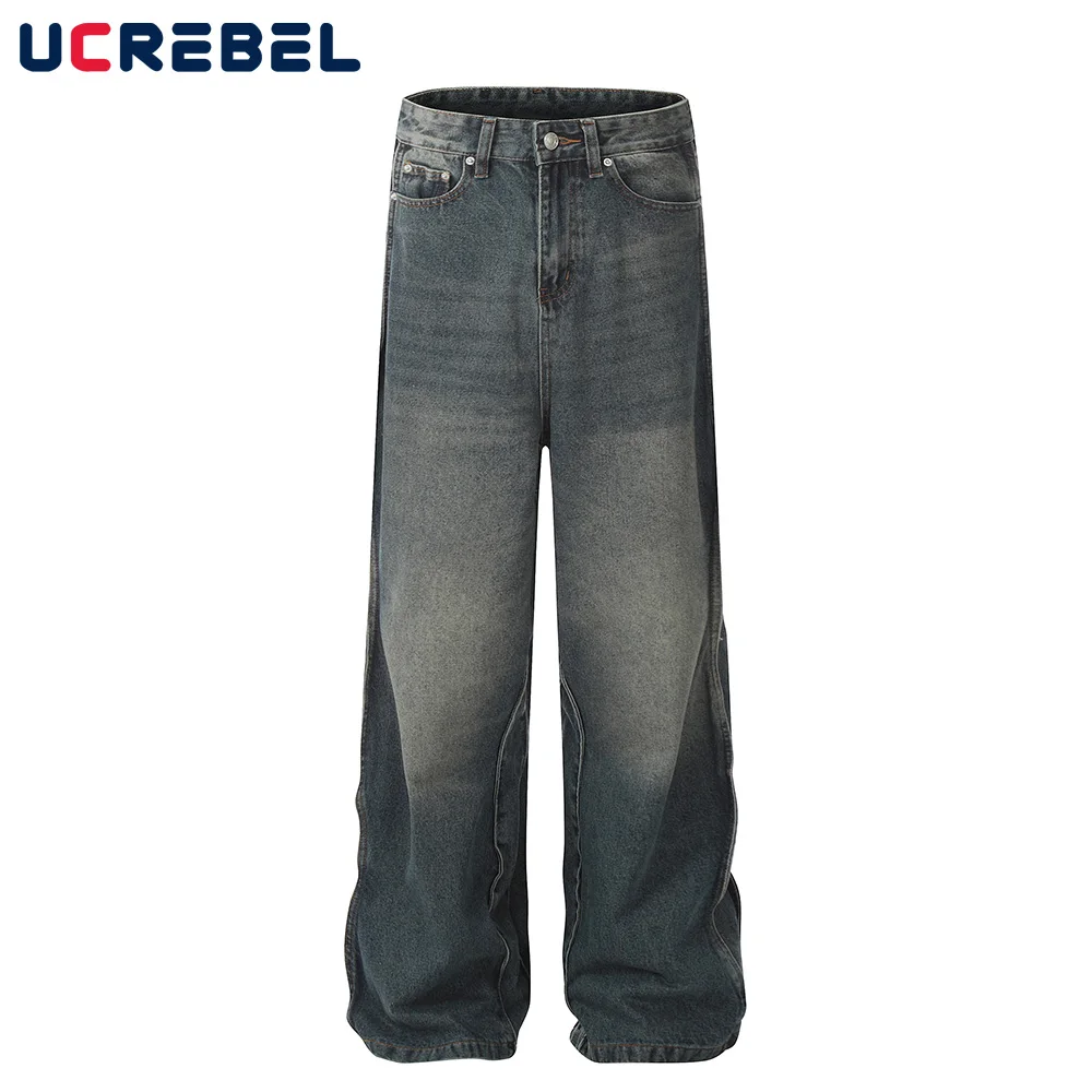 

Line Spliced Washed Distressed Jeans Mens Pocket High Street Wide Leg Denim Pants Men Loose Trousers