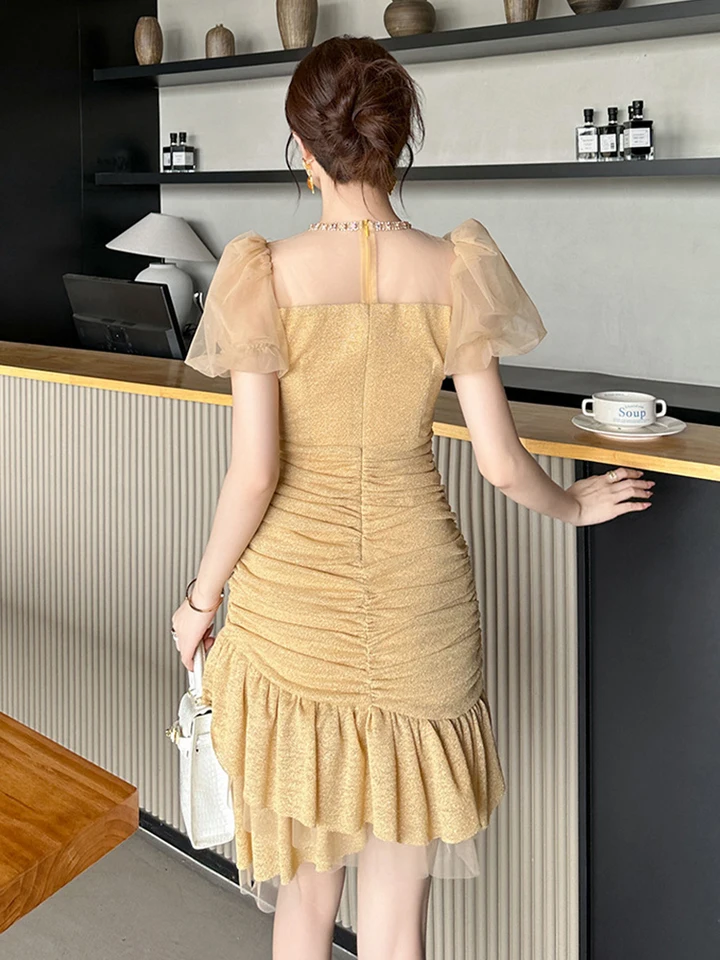 Summer Fashion Bright Silk Sparkly Gold Evening Dress Women Clothes Sweet  Mesh Sheer Sexy Bubble Sleeve Slim Party Prom Vestidos - AliExpress  200000345