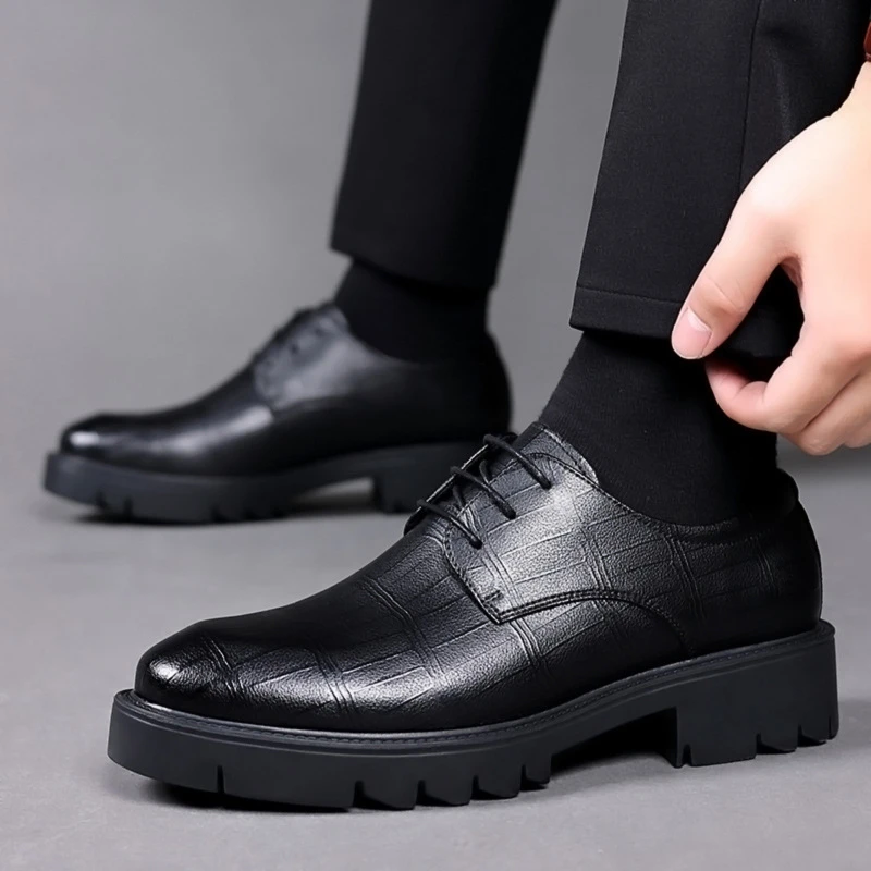 

Mens Black Leather Crocodile Embossed Lace Up Chunky Platform Oxfords Formal Business Office Daily Wear Increase Height Shoes