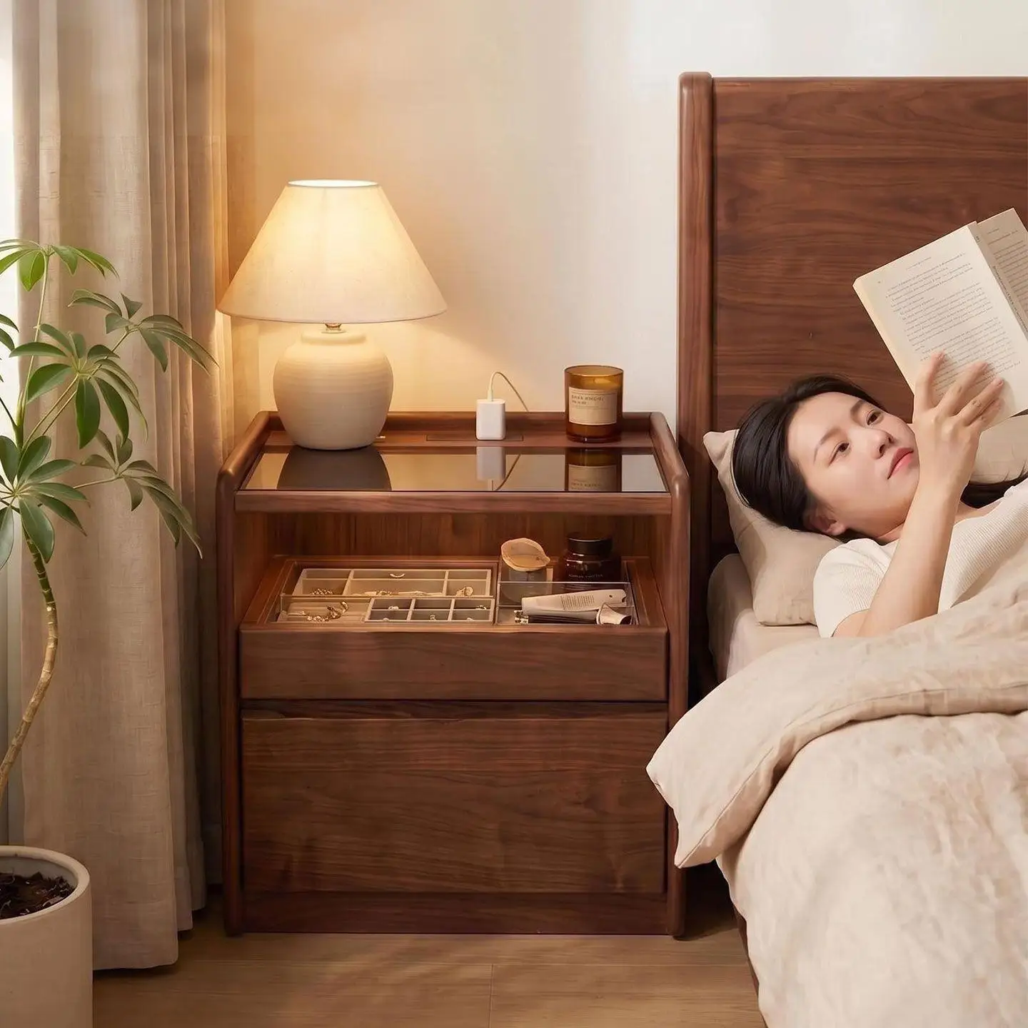 All solid wood bedside table light luxury premium feeling with socket North American black walnut home bedroom floor multi-funct