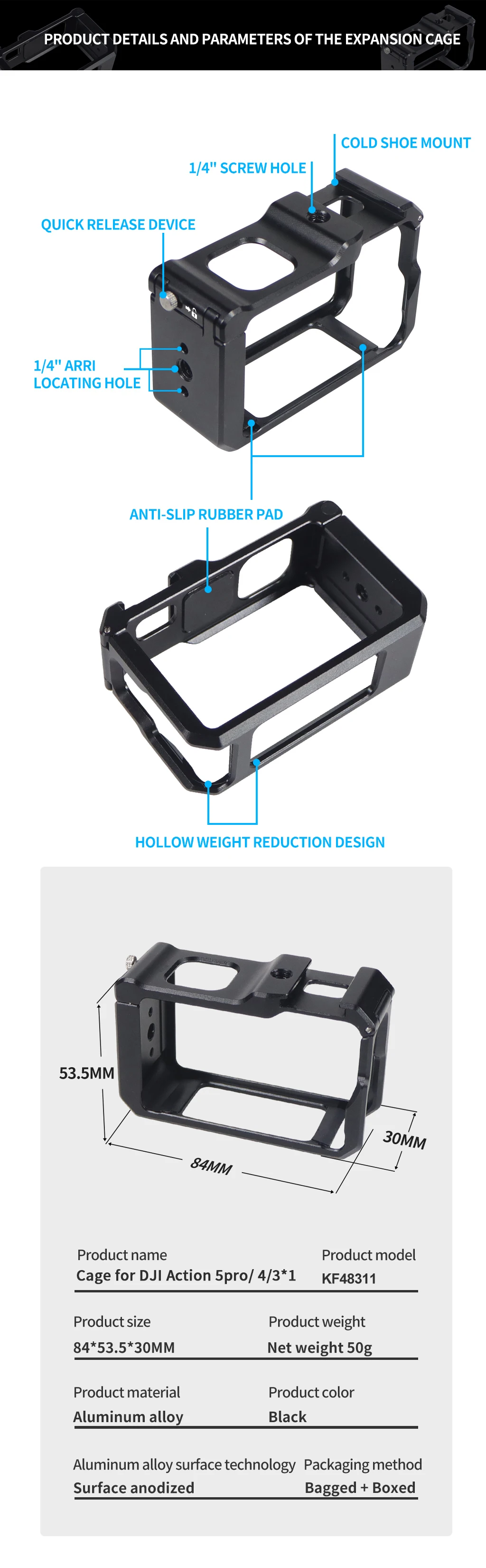 Verbessertes magnetisches Schnellwechsel-Kamerakäfig-Rig für DJI OSMO Action 3 4 5Pro Cold Shoe Mount 1/4" ARRI Schutzrahmen-Gehäuse-Kit – Detail 10