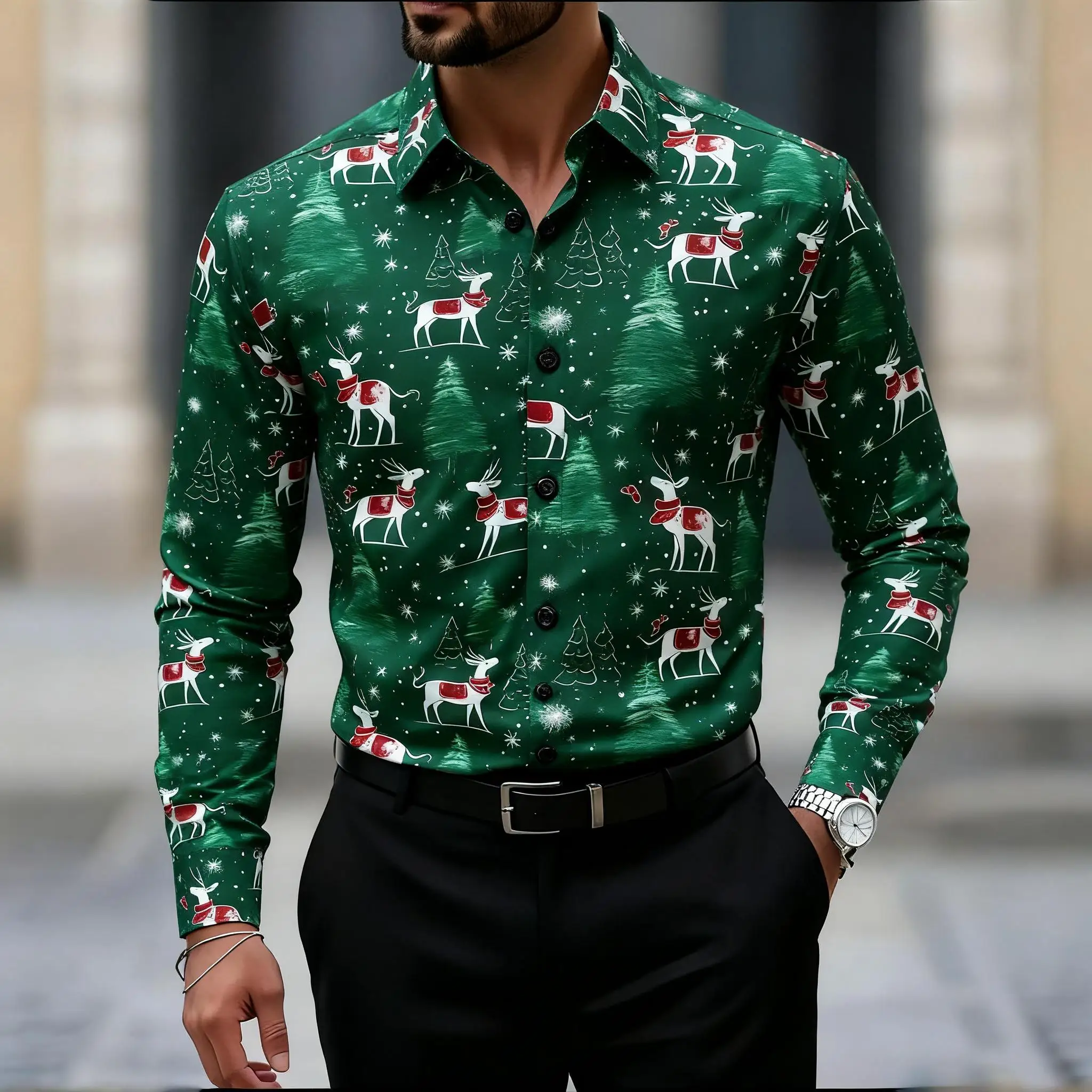 2025 Men's Christmas Tree Funny Festive Reindeer Long Sleeve Shirt Button Up Shirt Funny Outdoor Holiday Turndown shirts
