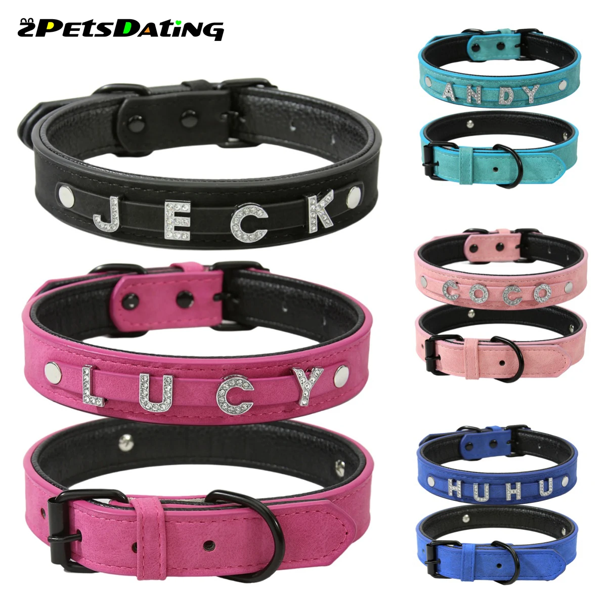 

Custom PVC Leather Dog Collar Padded Personalized DIY Name Charms Collars Bling Rhinestone Pet Necklace For Small Medium Dogs