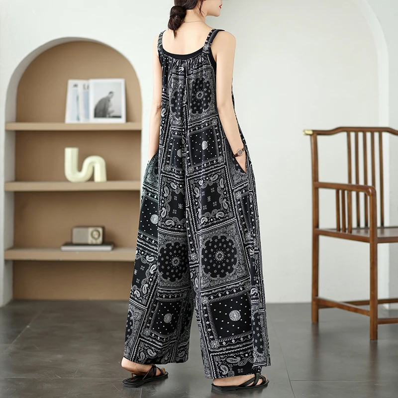 بدلة نسائية صيفية فضفاضة بأرجل واسعة وياقة على شكل V بدون حمالات، مصنوعة من ألياف البوليستر المريحة والعملية