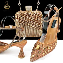 QSGFC 2024 italian Fashion breathable Lace fabric Women Heels Coffee Shoes And Bag Full Rhinestone tassels Party HandBag