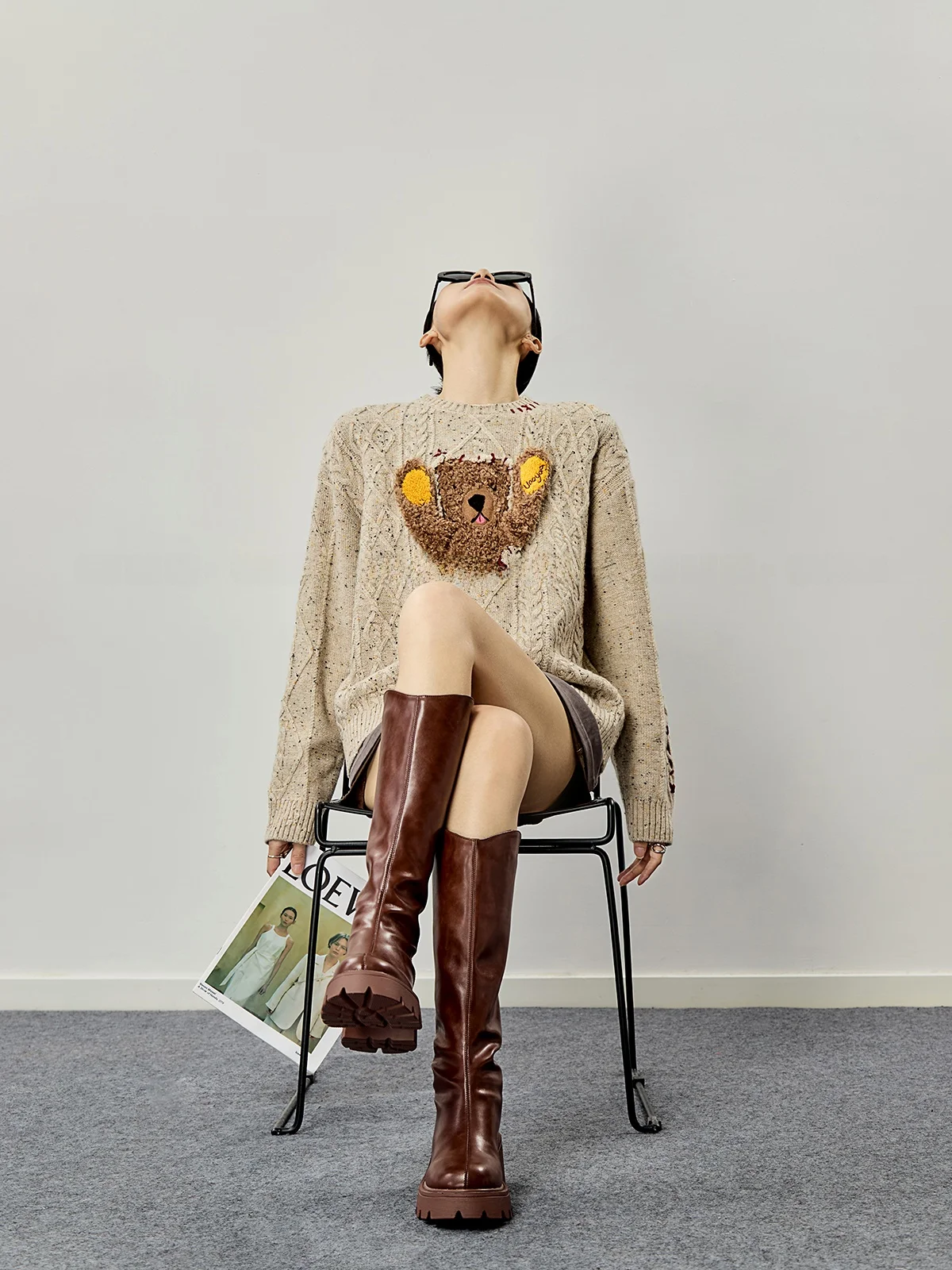 

Brown Bear Hooded Knitted Sweater Long Sve round Ne Women's Sle Casual Loose Fit Polyester Blend Autumn New Arrival