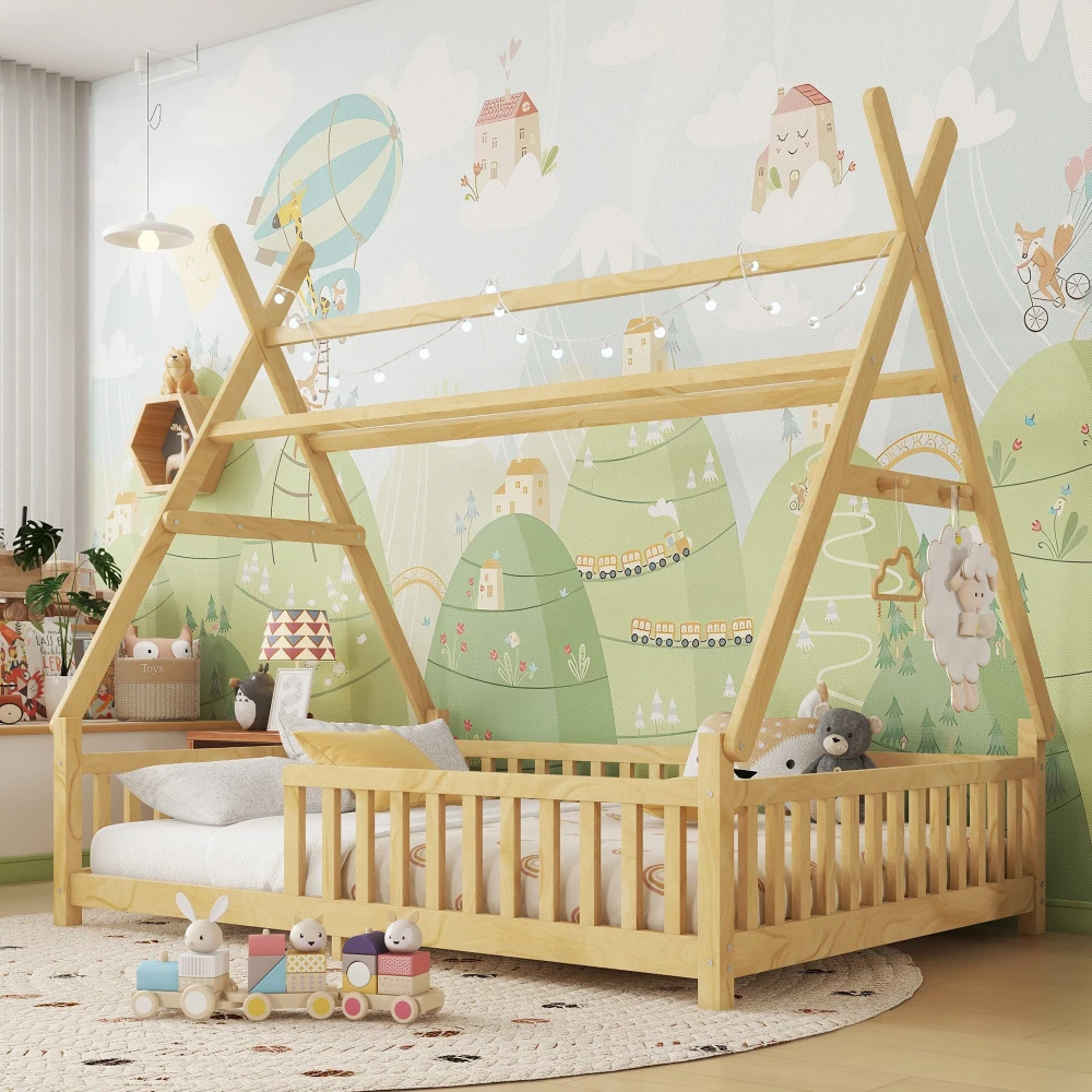 

Детская кровать Full House с подсветкой, низким основанием, ограждением и крышей, натуральный цвет (старый артикул W2593P296922)