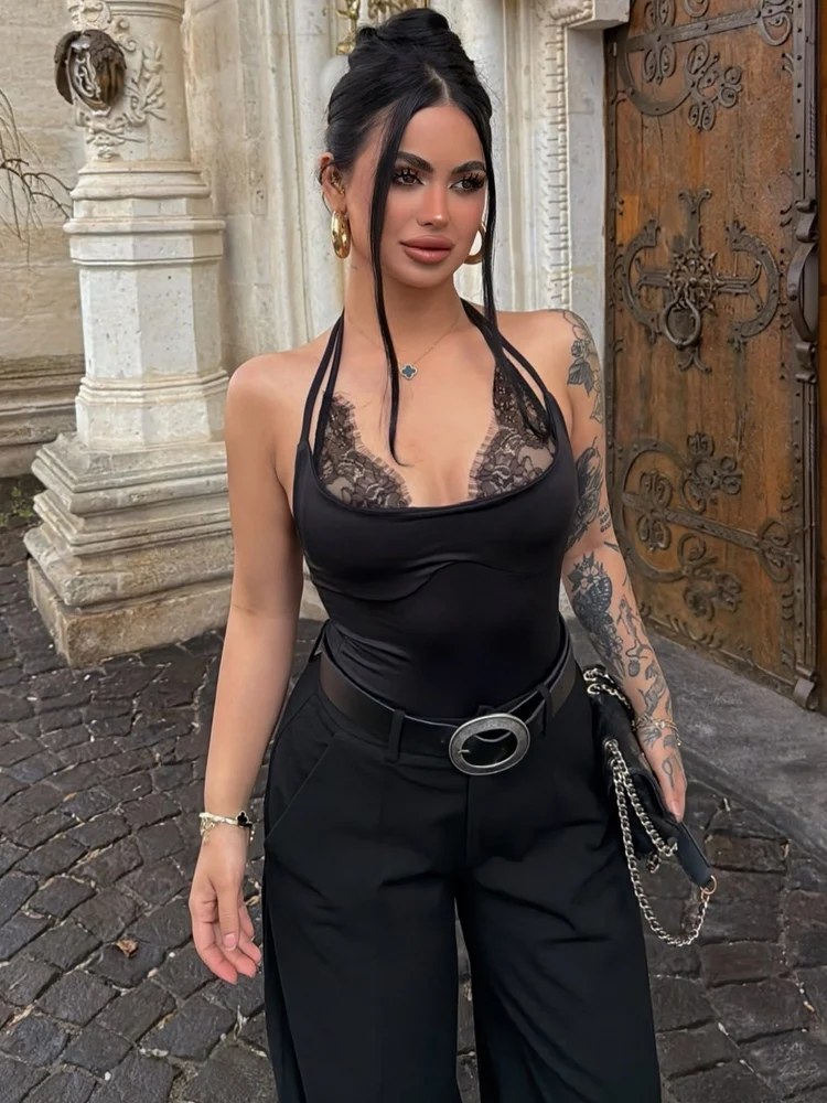 

HH Summer Sexy Women Slim Patchwork Lace Halter Bodysuits 2026 Female Elegant V-Neck Sleeveless Backless Beach Sling Jumpsuit