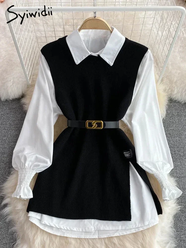 Syiwidii Blouses Sets Women Knitted Sweater Vests Autumn 2024 Fashion Turn-down Collar Single Breasted Female Blouses Two-piece