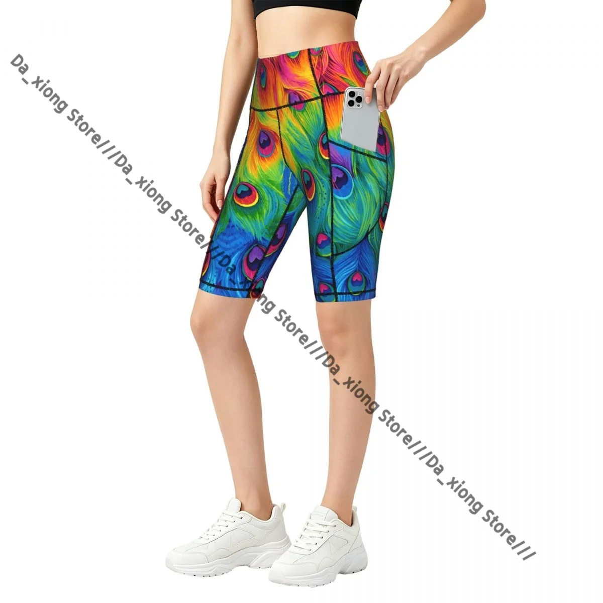 Comfortable Stretchy Yoga Shorts Rainbow Peacock Women Gym Exercise Sports Trousers