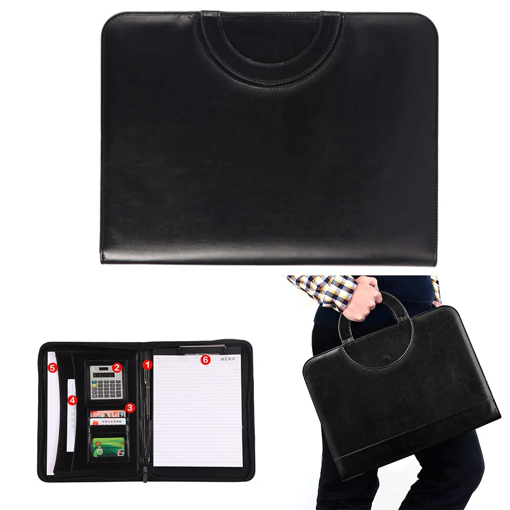 

A4 Pu Zipper Portfolio Multifunctional Office Business Organizer With Calculator Pen Loops Accessory Pockets Portable